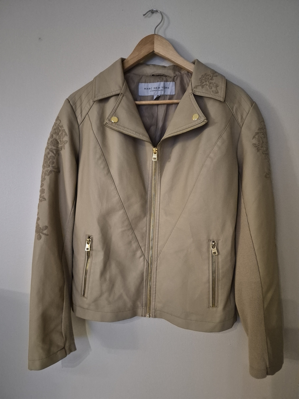 Marc New York Cream Leather Zip Jacket with Floral Embroidery